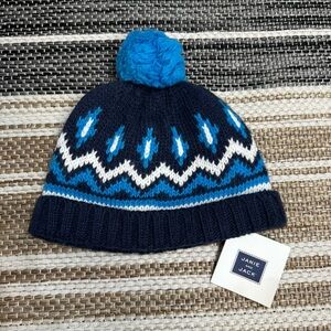 Janie‎ and Jack Knit Beanie Pom Hat 0-6 Months Navy Blue Fair Isle